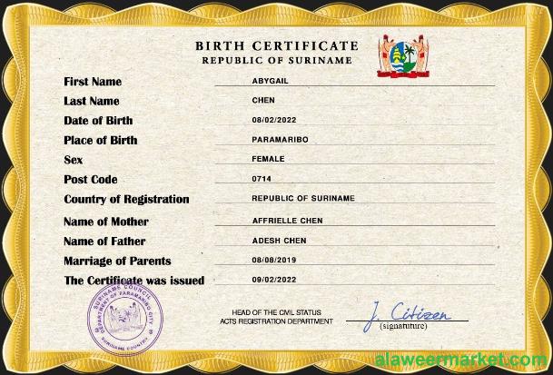 Suriname birth certificate PSD template